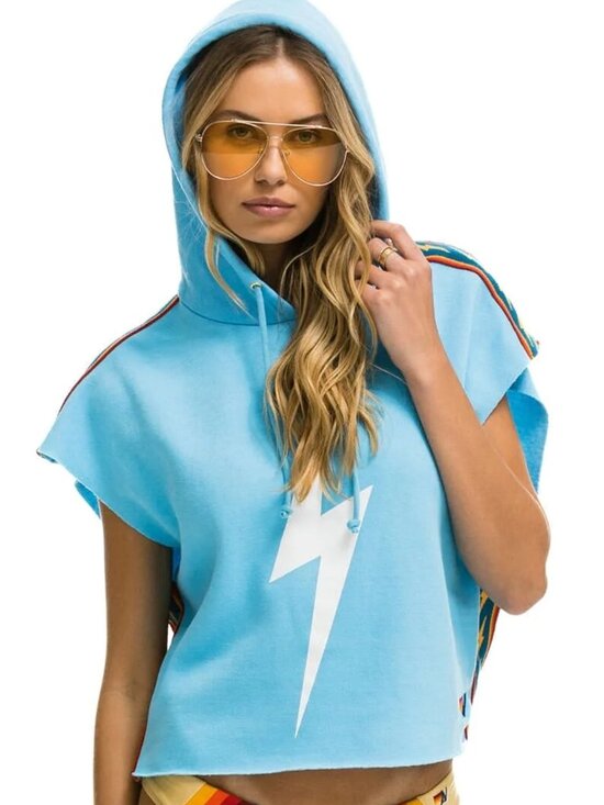 Aviator Nation Tops - AVIATOR NATION - BOLT STRIPE SLEEVELESS RELAXED CROPPED PULLOVER HOODIE - SKY XS